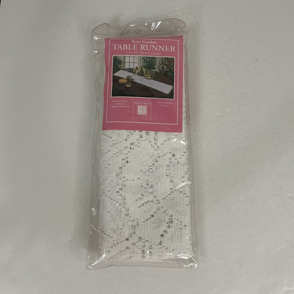Vintage Ashley Taylor Rose Garden White Lace Table Runner Flowers 13”x56”